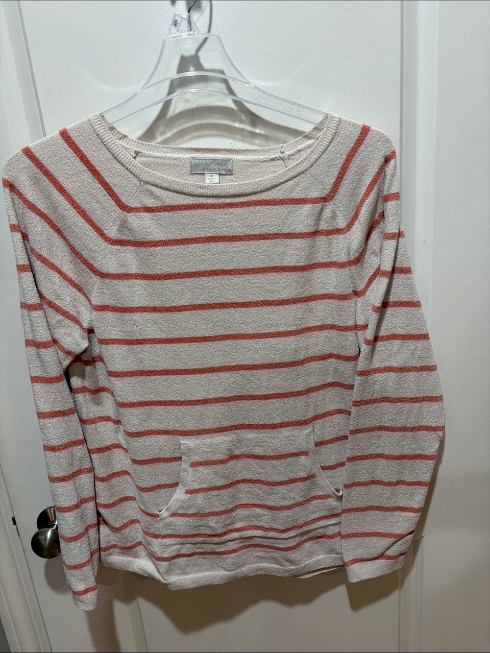 Barefoot Dreams Cream and Rust-Striped Lightweight Pullover